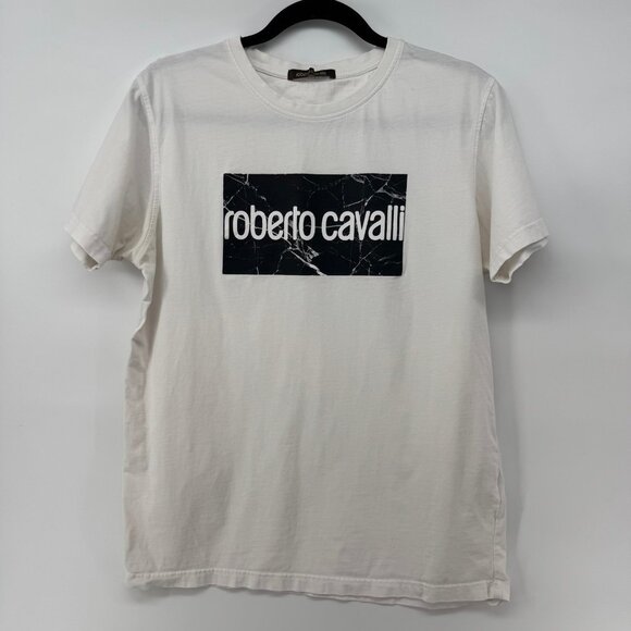 Roberto Cavalli Men's White Crewneck Graphic Print Shirt Size L - Picture 1 of 6